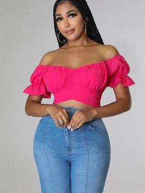 Hot Pink Off Shoulder Crop Top Tie Back Puff Sleeve LYANER Size L EUC